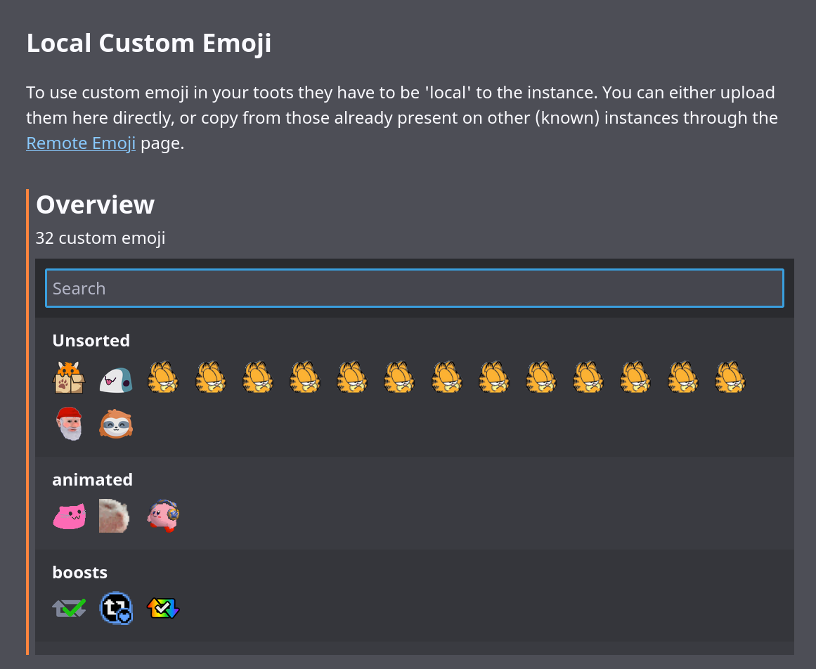 Local custom emoji section, showing an overview of custom emoji sorted by category. There are a lot of garfields.