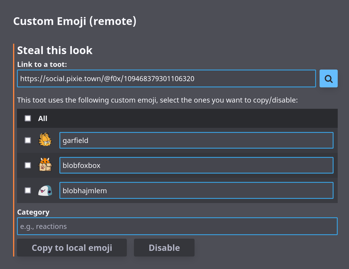 Remote custom emoji section, showing a list of 3 emoji parsed from the entered toot, garfield, blobfoxbox and blobhajmlem. They can be selected, their shortcode can be tweaked, and they can be assigned to a category, before submitting as a copy or delete operation