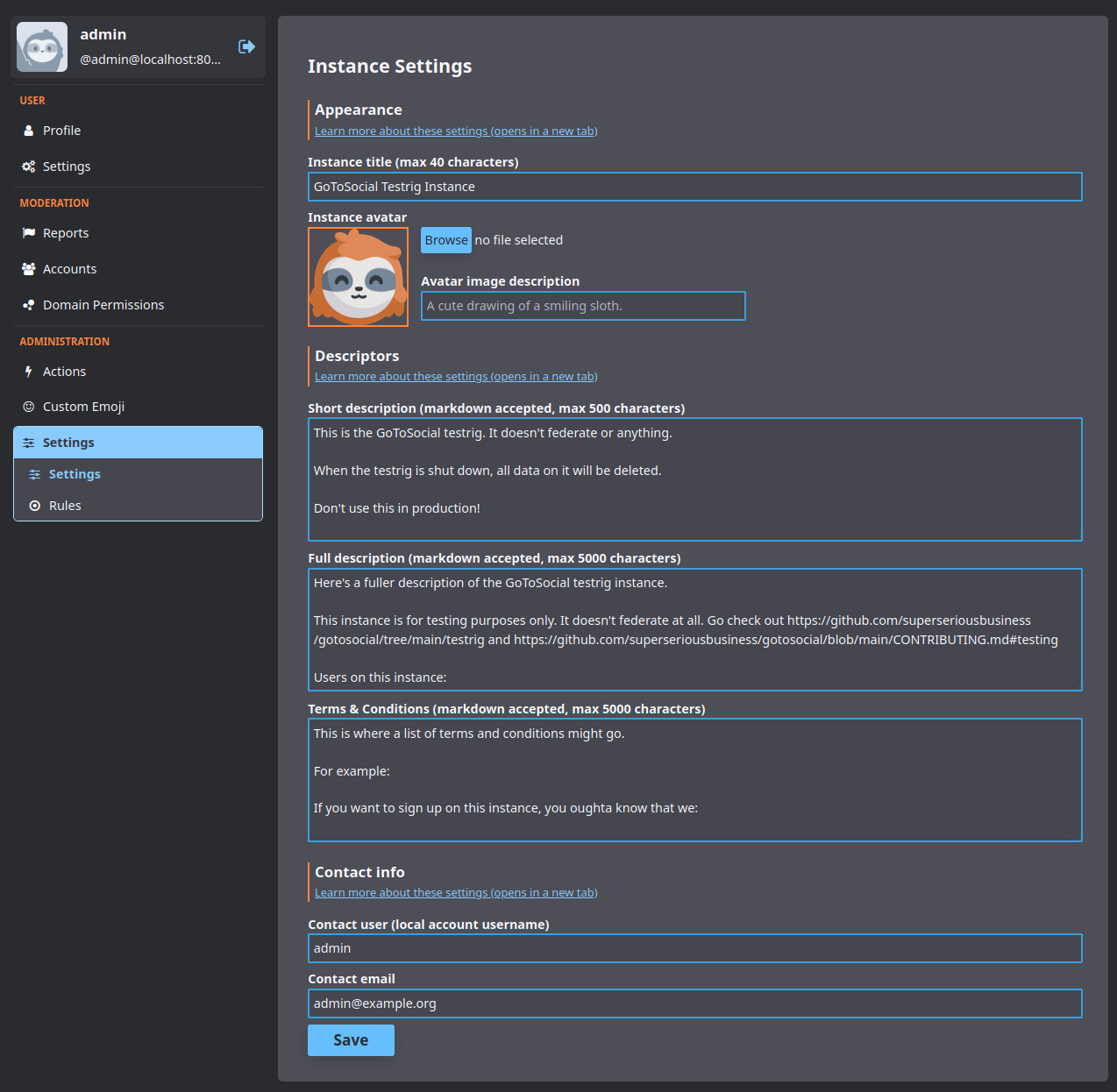 Screenshot of the GoToSocial admin panel, showing the fields to change an instance's settings