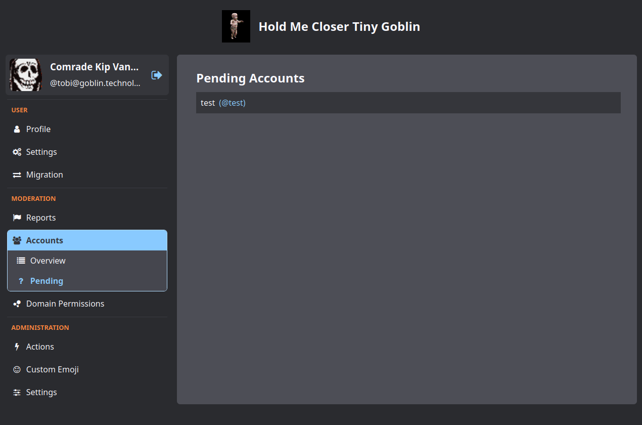 Admin settings panel open to "accounts" -> "pending", showing one account in a list.