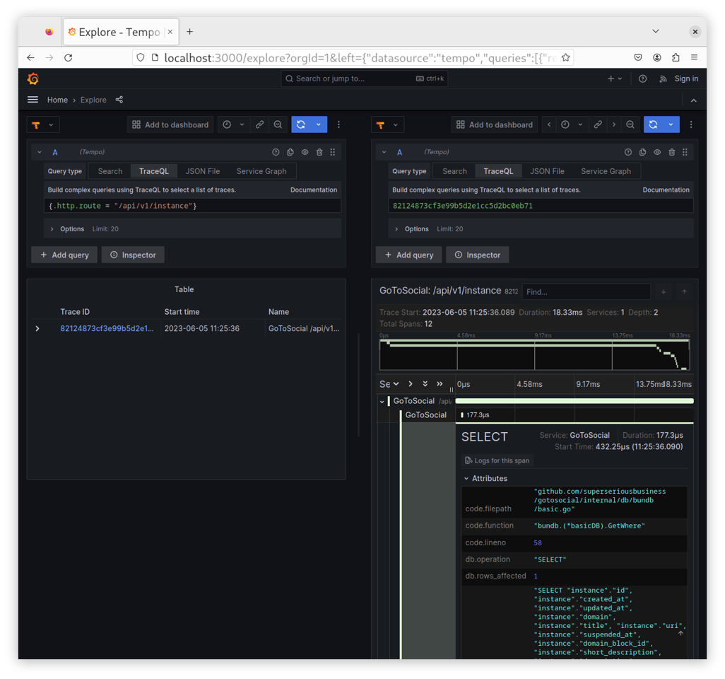 Grafana showing a trace for the /api/v1/instance endpoint