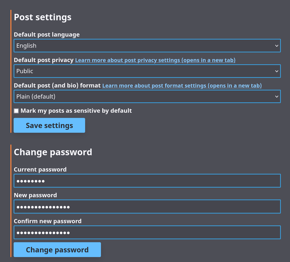 Screenshot of the user settings section, providing drop-down menu's to select default post settings, and form fields to change your password