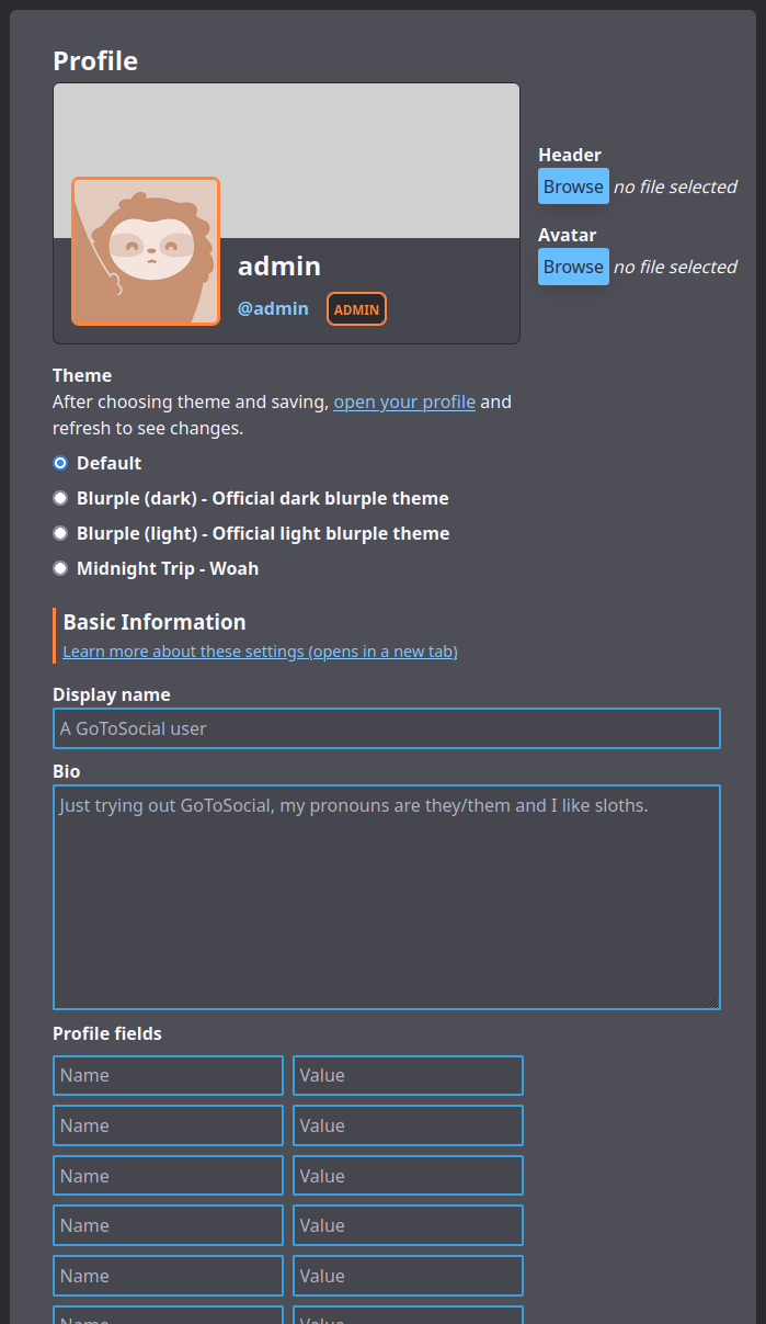 Screenshot of the profile section of the user settings interface, showing a preview of the avatar, header and display name, and providing form fields to change them