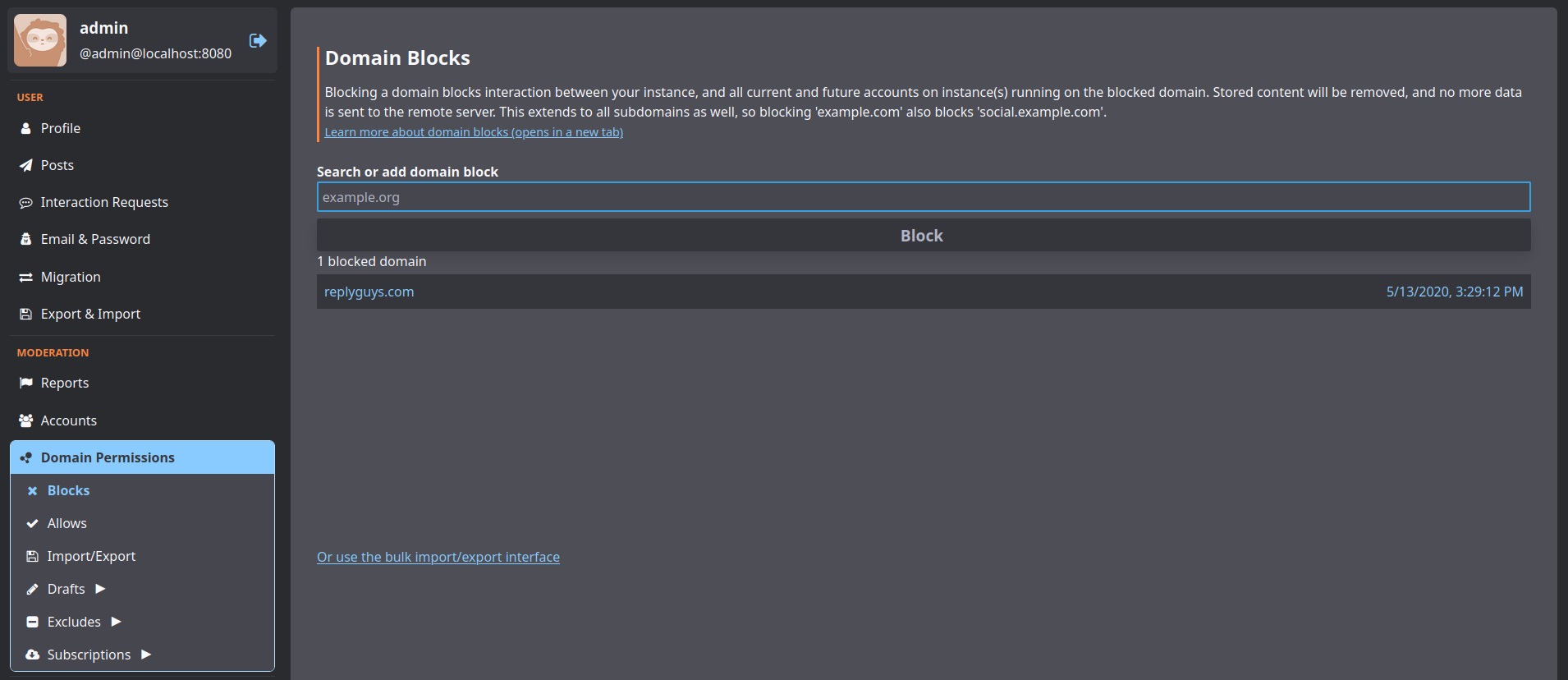 List of suspended instances, with a field to filter/add new blocks. Below is a link to the bulk import/export interface