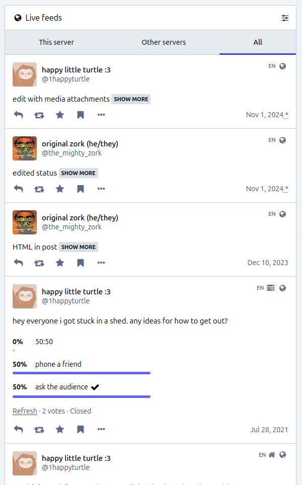 The same view of the federated timeline, but the post from "big gerald" is now not shown whatsoever