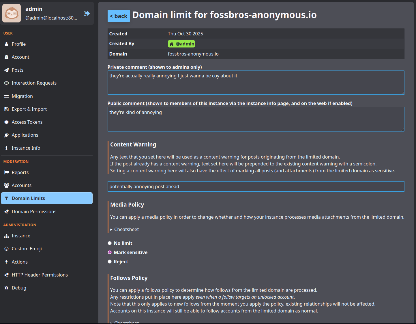 Detail view of one domain limit