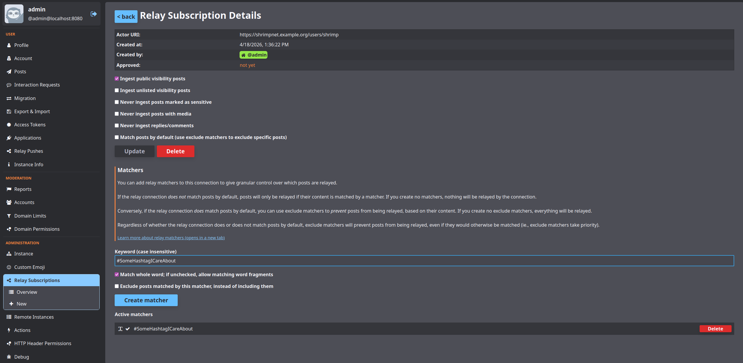 Admin relay subscription details, showing a relay subscription and matchers.