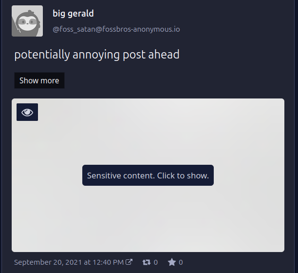 The same post as above, but it now has a content warning and the media is marked sensitive