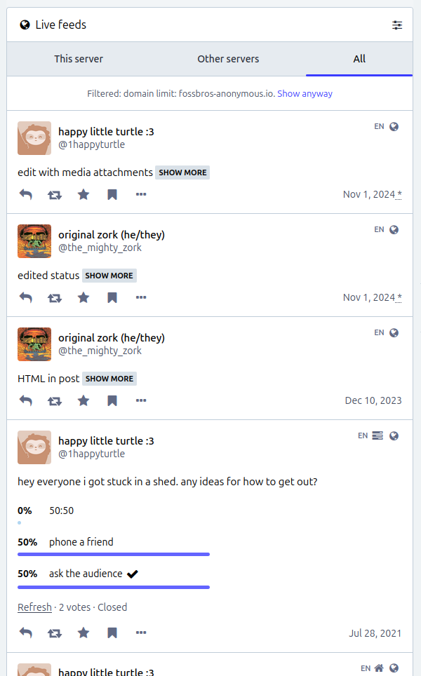 The same view of the federated timeline, but the post from "big gerald" is collapsed behind a "show anyway" dialogue
