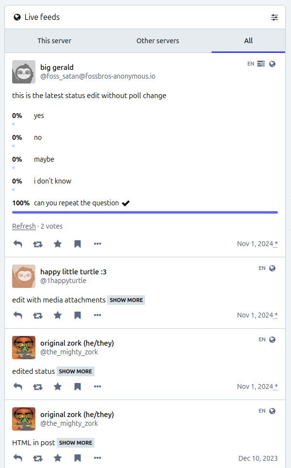The federated timeline showing a post at the top from user "big gerald" from "fossbros-anonymous.io"