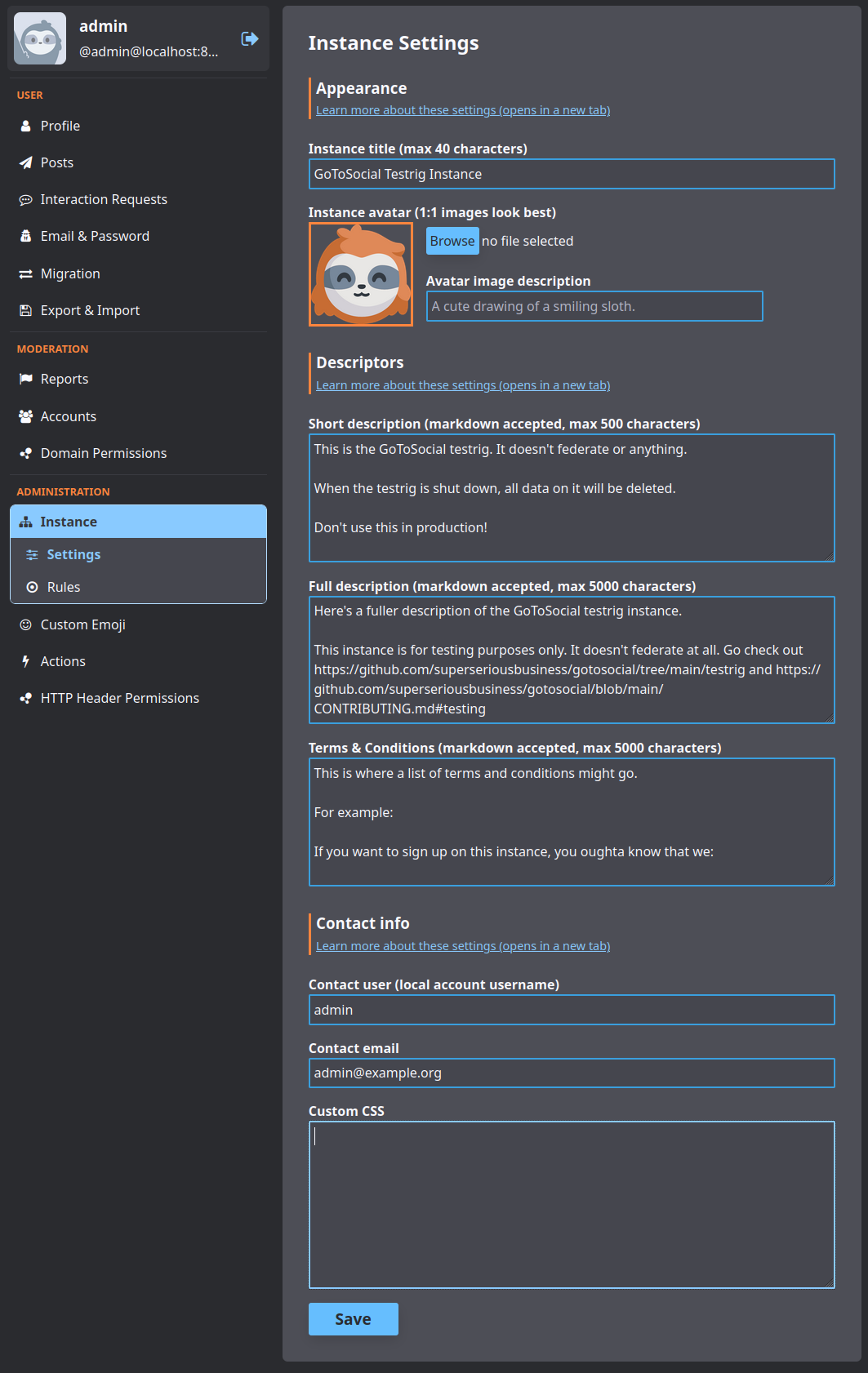 GoToSocial 管理面板的截图,显示了更改实例设置的字段