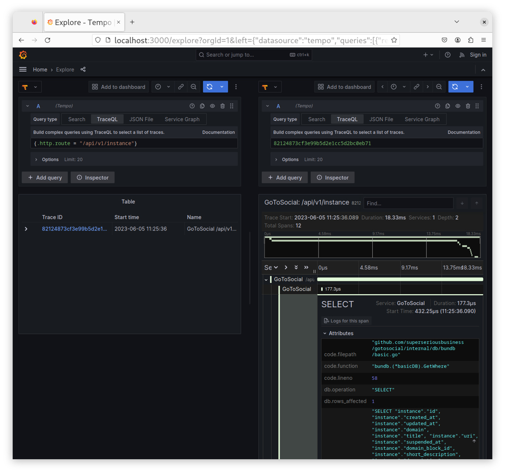 Grafana 显示 /api/v1/instance 端点的追踪